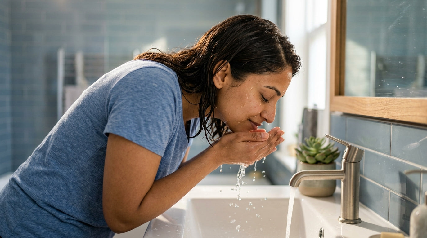 Woman rinsing face with sink water, droplets catching light above bathroom basin