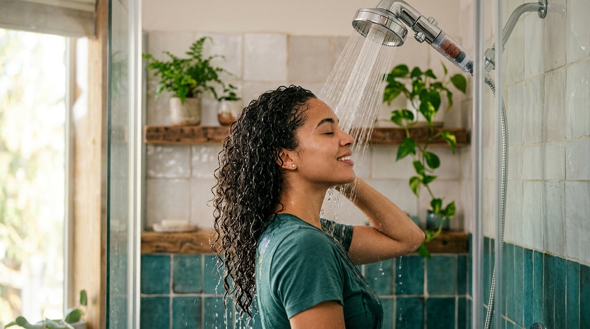 Curly-haired woman rinsing hair under a filtered showerhead, water streaming through curls