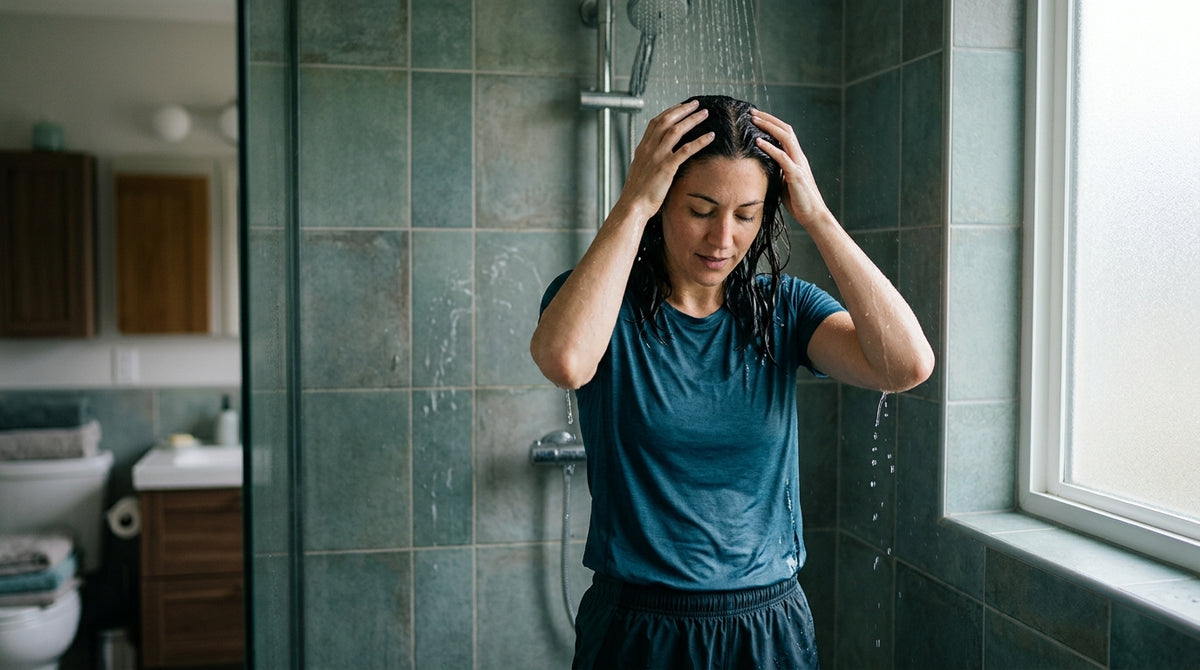 Woman in bathroom running fingers through wet hair under showerhead water stream