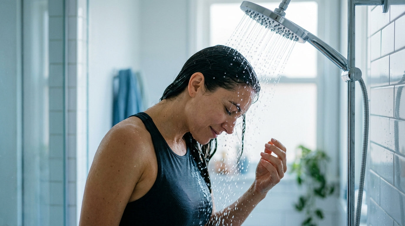Woman rinsing hair under a sleek chrome shower head, water catching morning light