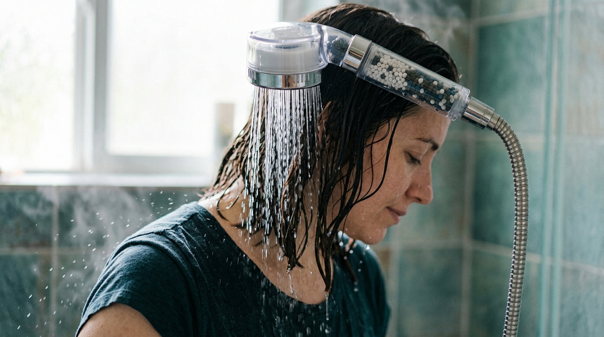 Close-up of water streaming through a filtered showerhead cartridge onto wet hair strands