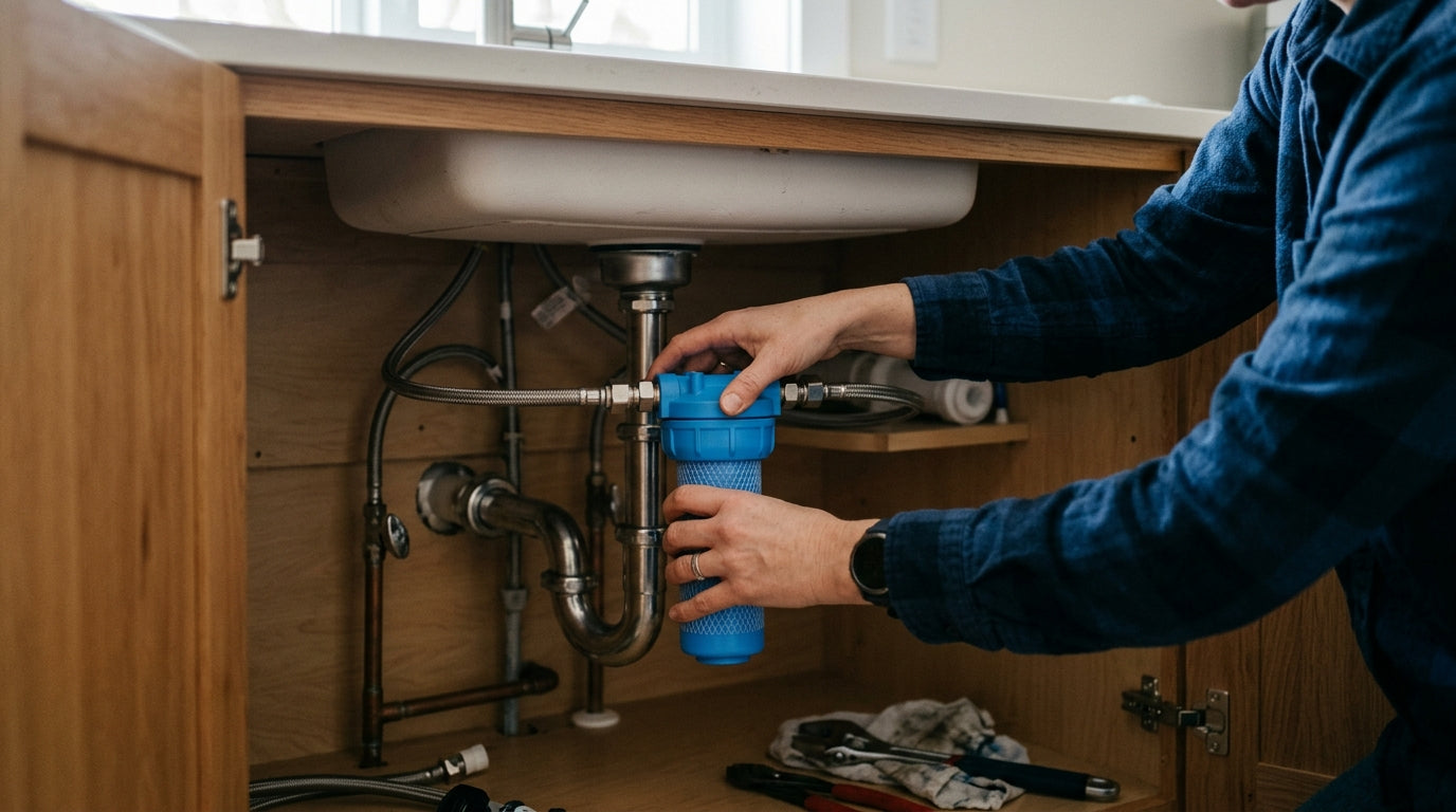 Hands installing a compact filter cartridge beneath a modern kitchen sink cabinet