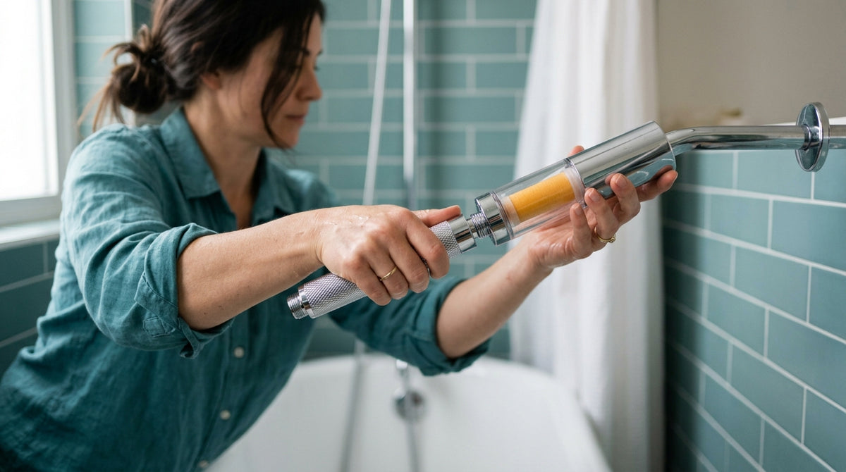 Hand installing sleek filtered showerhead over a bathtub, vitamin cartridge visible inside fixture