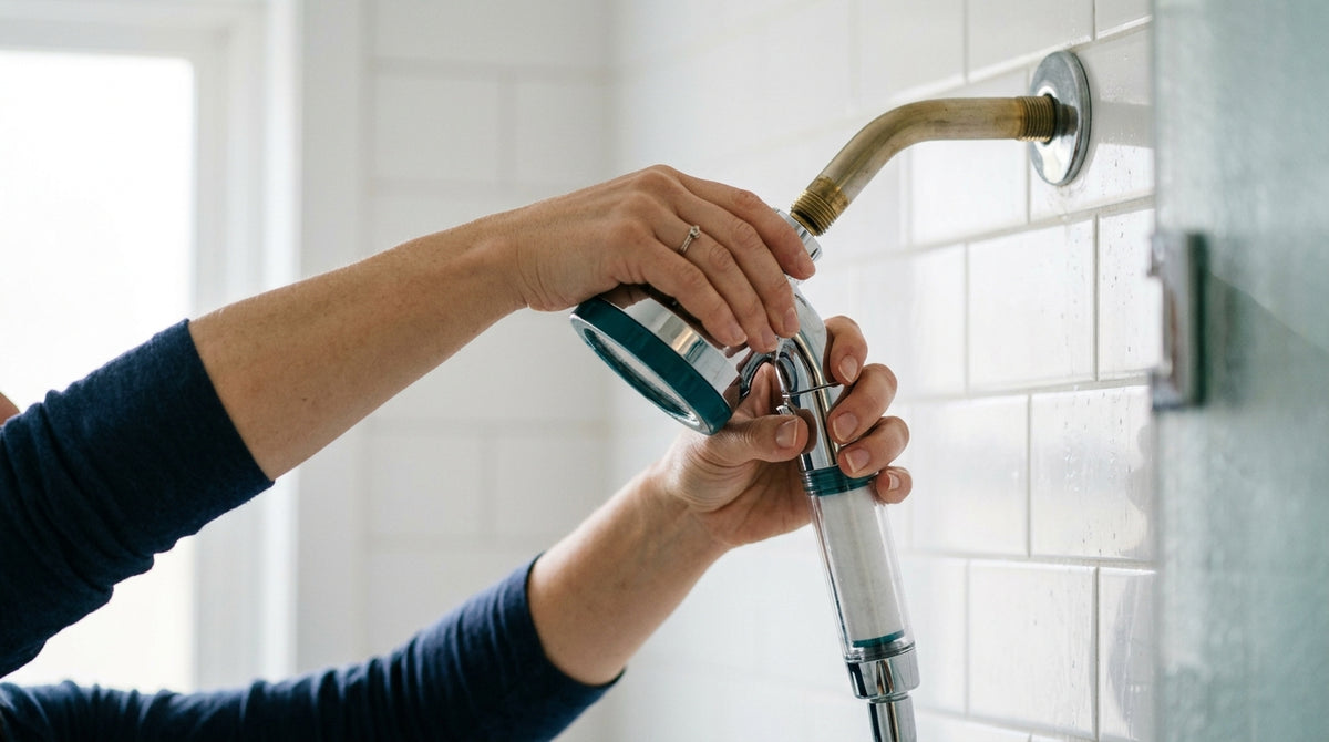 Close-up of hands installing a filtered showerhead in a bright bathroom, no plumber tools visible