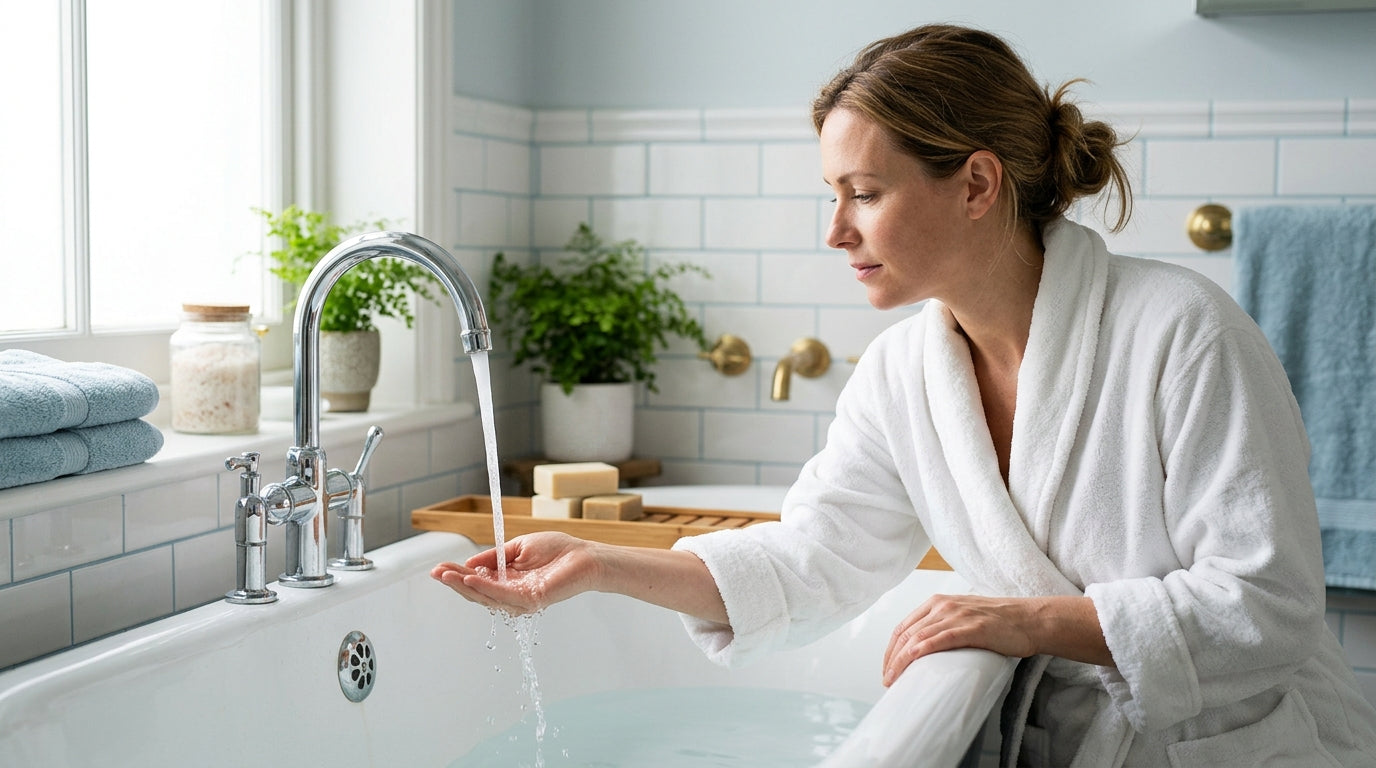 Woman in bathrobe testing bathtub water stream flowing from tap into her open palm