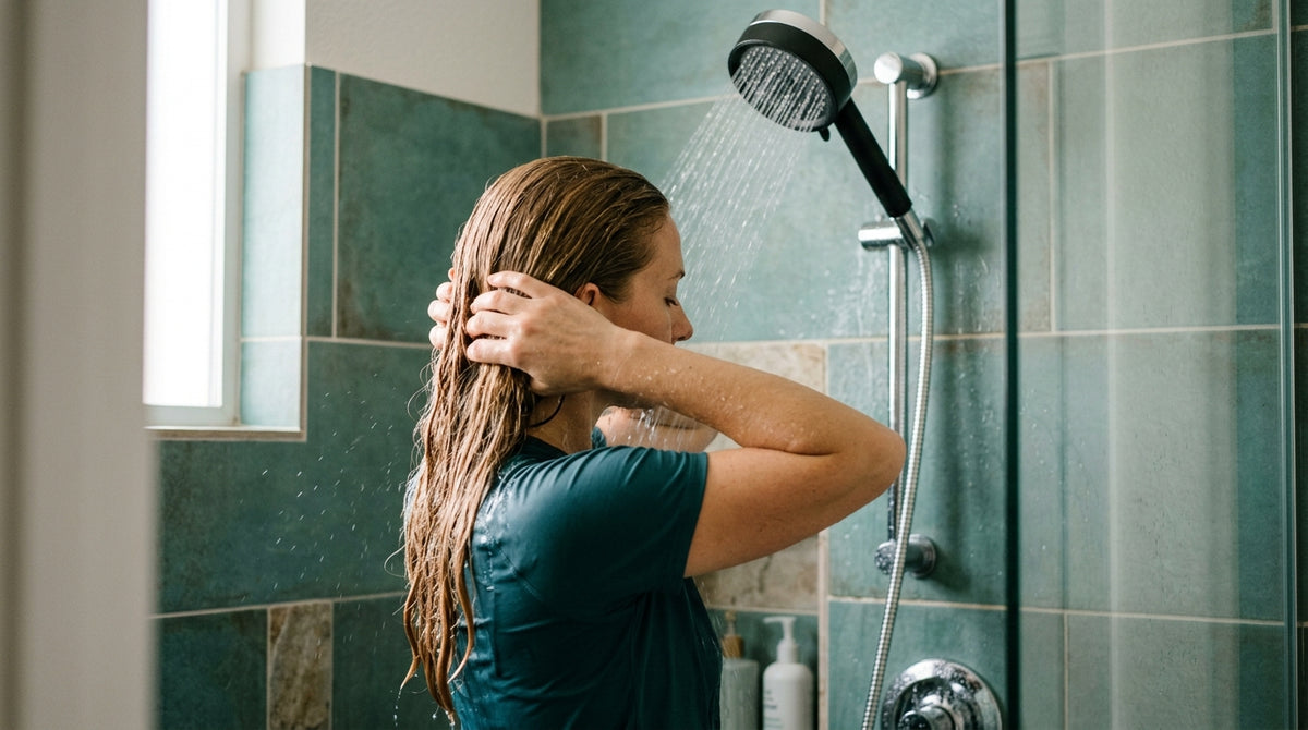 Woman rinsing hair in shower, water streaming through a sleek filtered showerhead
