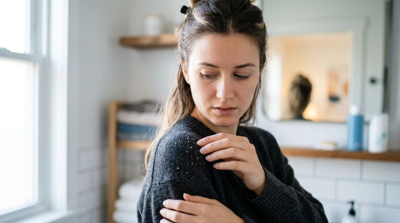 Woman inspecting white flakes on her dark shoulder sweater after showering, bathroom mirror background
