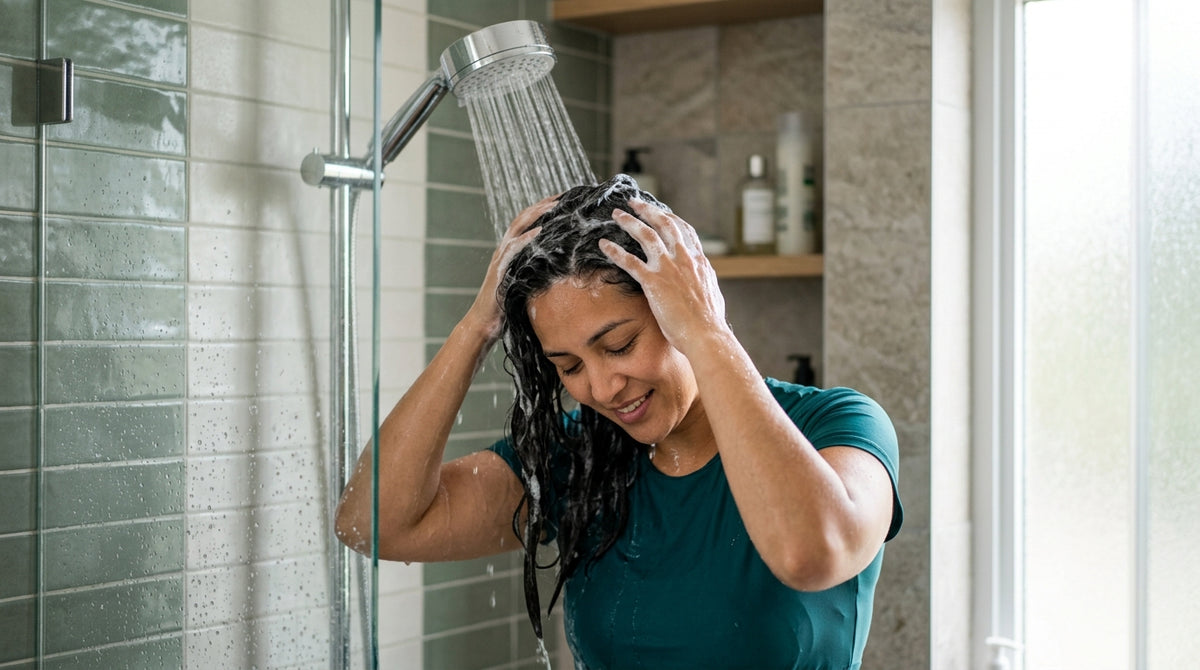 Woman rinsing sudsy shampoo from hair under a filtered shower head in modern bathroom