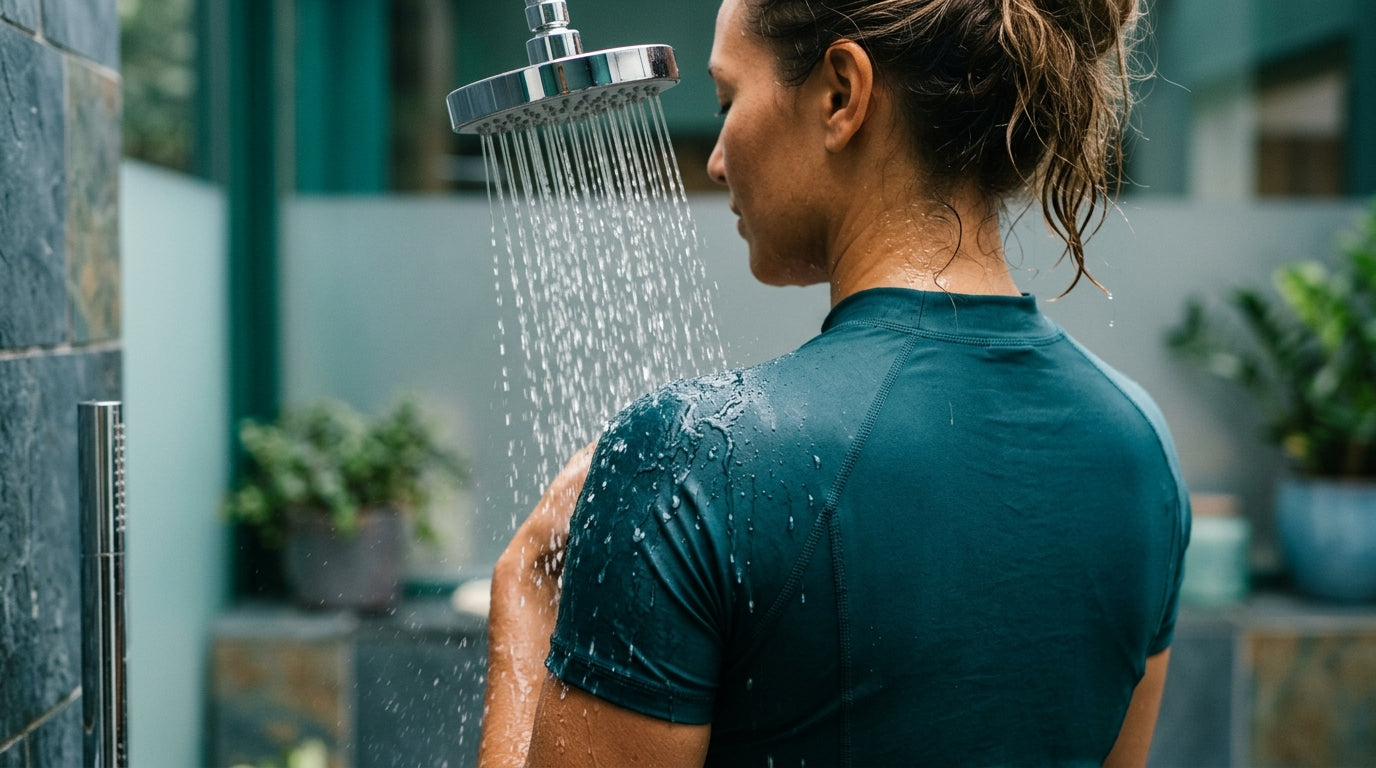 Close-up of water streaming from a sleek shower head onto a woman's wet shoulder