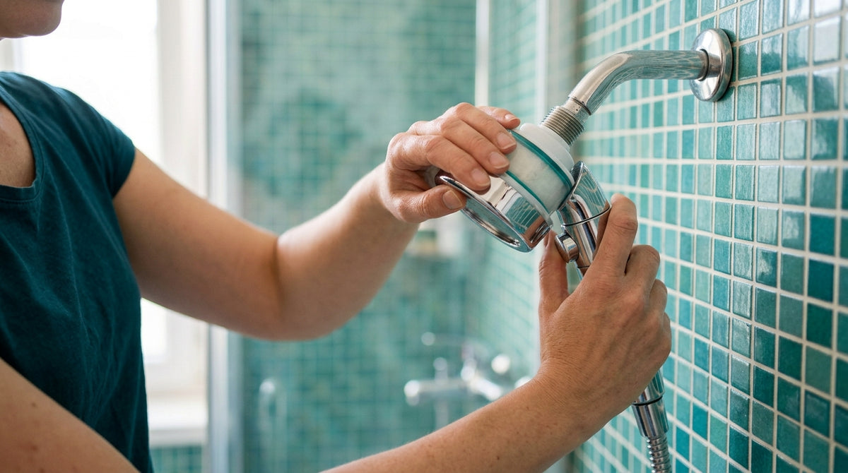 Close-up of hands twisting a filtered showerhead onto a bathroom shower arm, no tools