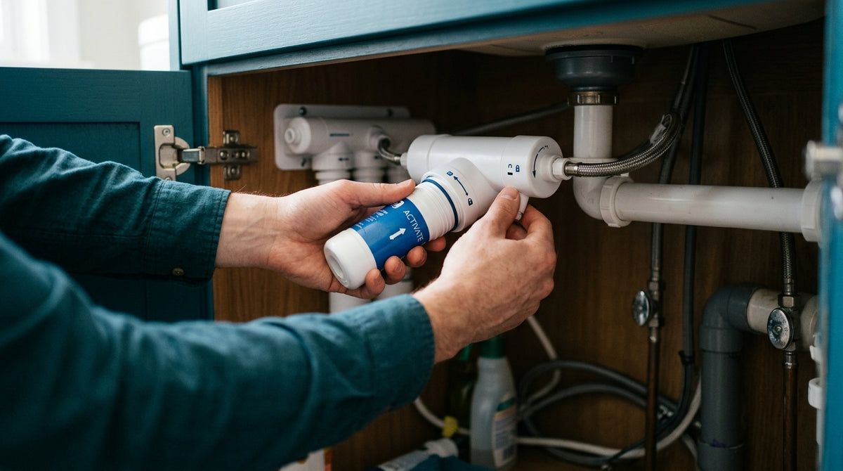 Hands installing a compact under-sink filter unit beneath a bathroom sink cabinet, no tools needed