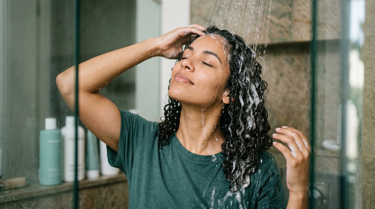 Woman with voluminous curly hair rinsing shampoo lather under a shower stream