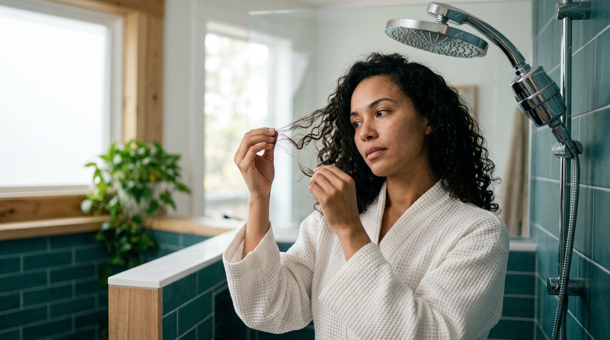 Woman in bathrobe touches dry hair ends while standing beside a sleek filtered showerhead