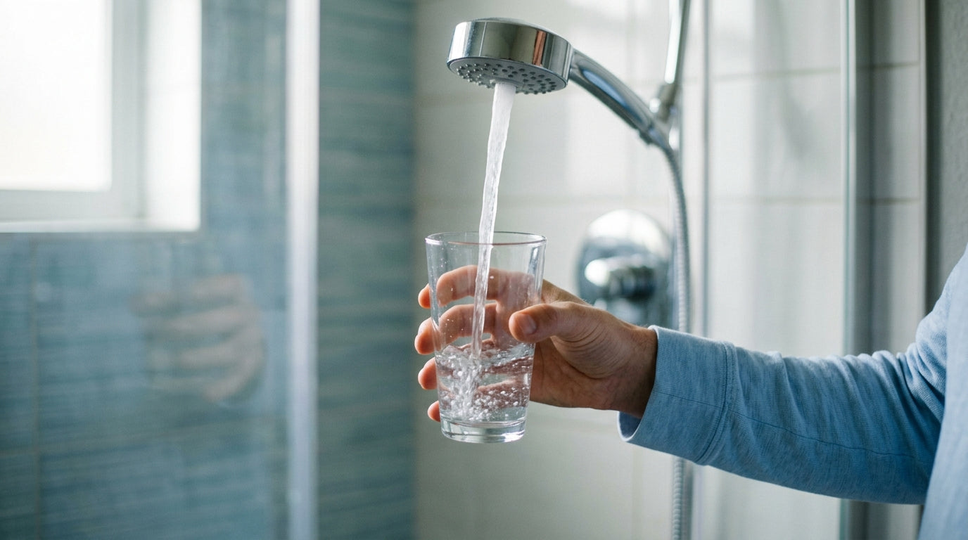Hand holding clear glass of tap water under bathroom shower head, morning light streaming in