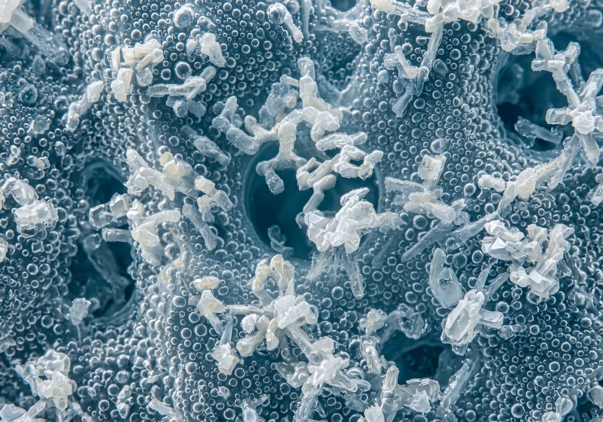 Illustration: white chlorine granules and tiny bubbles in blue-grey water